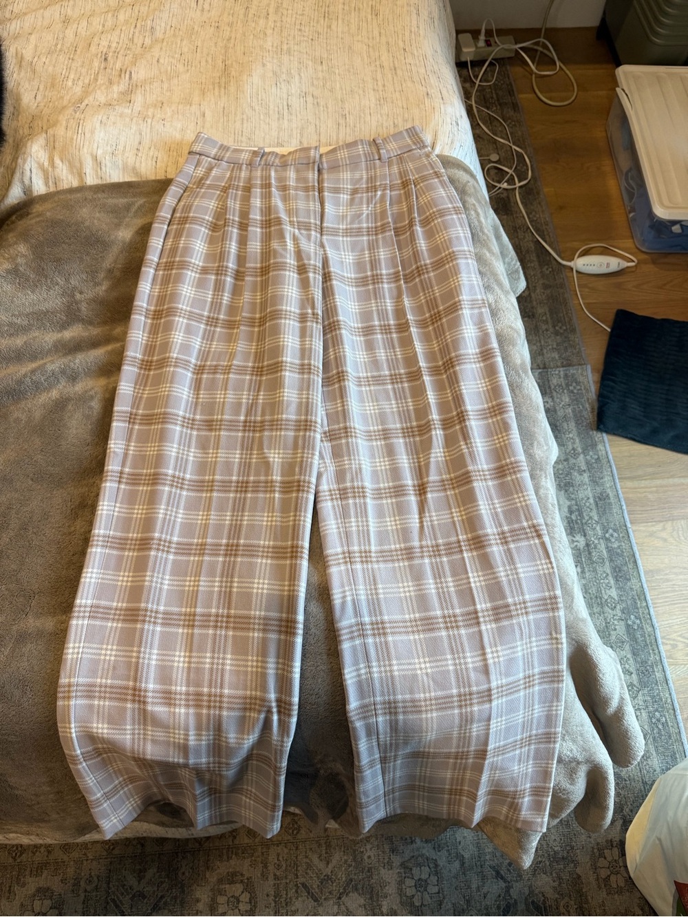 Wilfred Beige Plaid High-Waist Wide-Leg Trousers